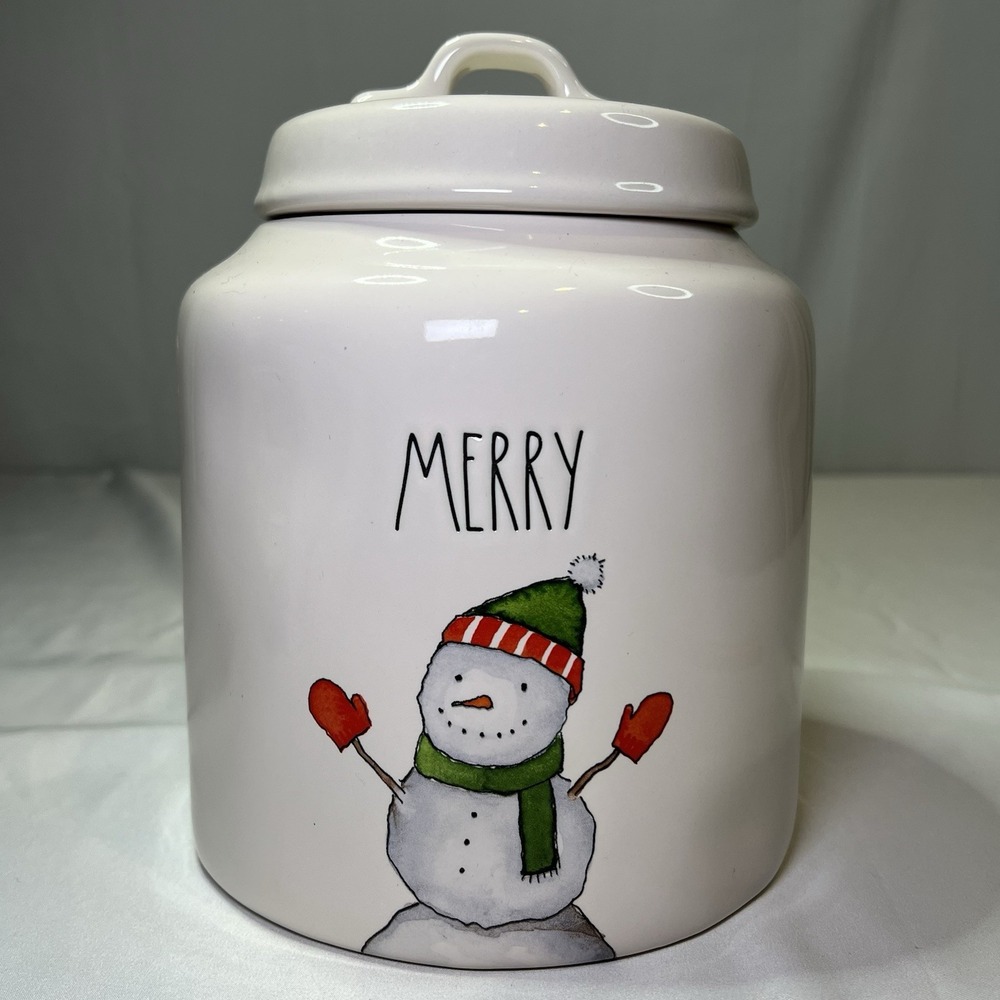 Rae Dunn Christmas "MERRY" Snowman W/ Cookies Chubby Canister HTF White Kitchen‎